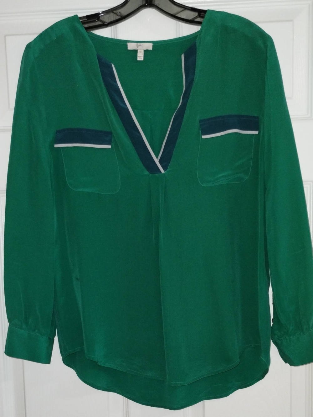Joie Emerald Green V-Neck Long Sleeve Blouse with Navy Trim